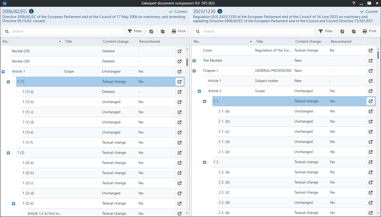 Screenshot of the document comparison in Safexpert of the Machinery Directive and the Machinery Regulation