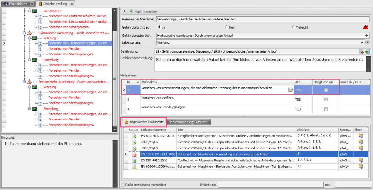 Screenshot aus Safexpert zu einer Maßnahme in der Risikobeurteilung