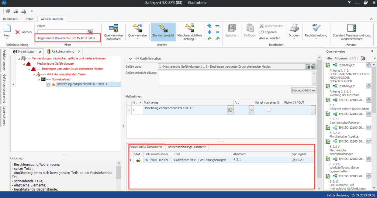 Screenshot in Safexpert zu angewandten Dokumenten in der Risikobeurteilung