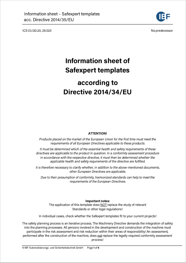 Picture of the cover of Safexpert Information Sheet Checklist Low Voltage Directive 2014/35 EU