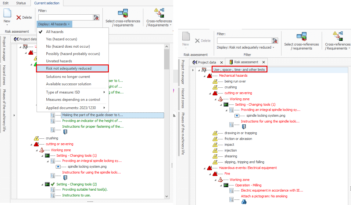 Screenshot from Safexpert to illustrate the different filter options in a risk assessment project