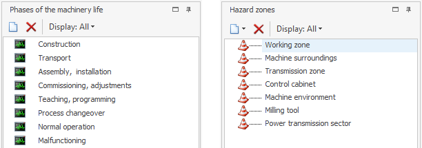 Screenshot from Safexpert to illustrate phases of the machinery life and hazard zones