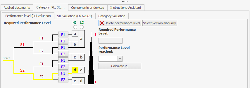 Screenshot from Safexpert to illustrate the selection of the Performance Level (PL)