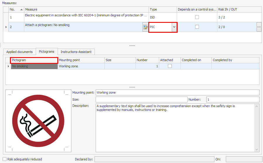 Screenshot from Safexpert to illustrate the selection of measure types in a risk assessment